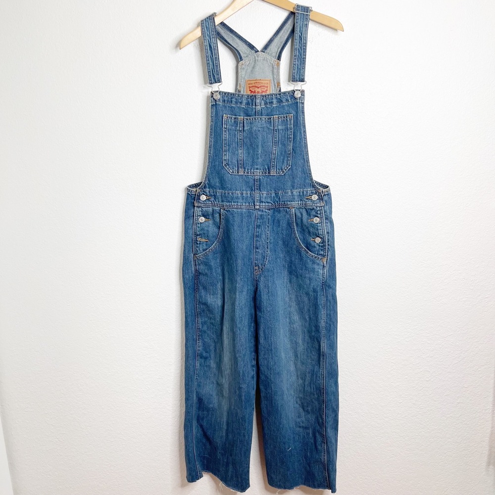 Levis Womens Medium Wash Denim Overalls Straight Leg Raw Hem Size L